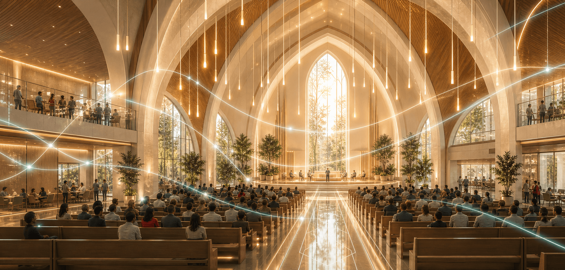A modern church sanctuary filled with warm light
